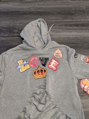 Women's Grey Hoodie with Colorful 'LOVE' Patches and Crown Accent